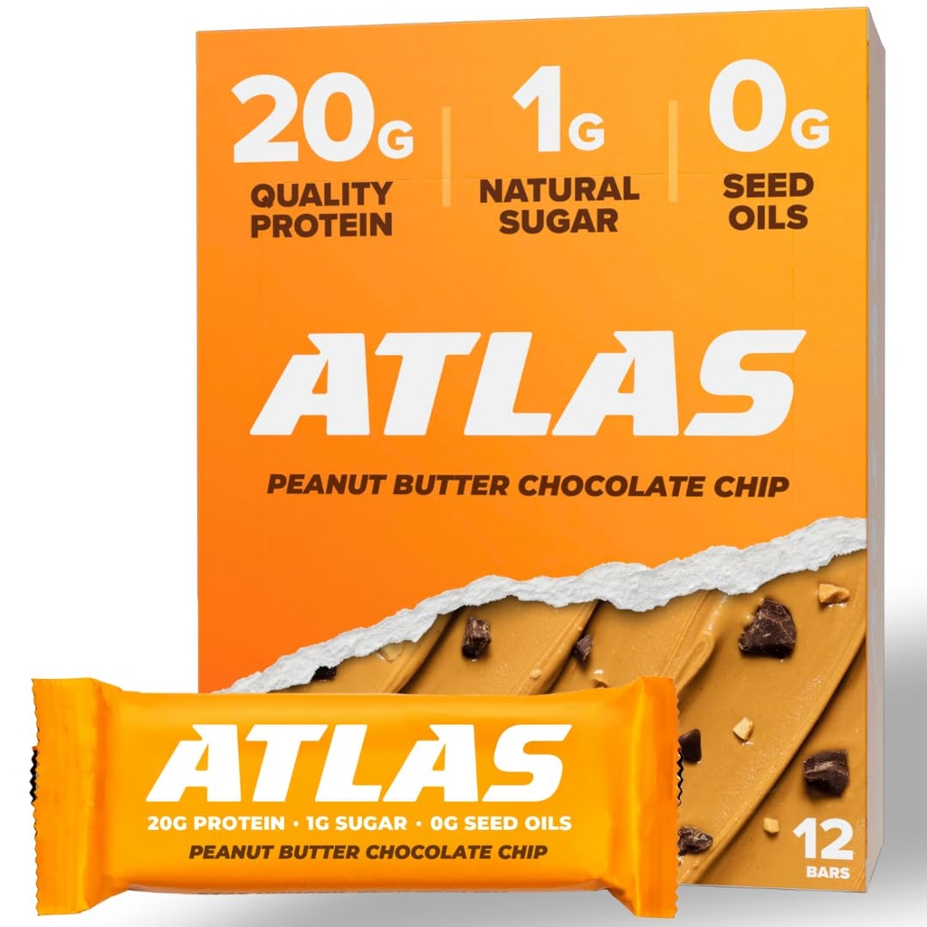 Atlas Bar – 20g Protein, 1g Zucker, 0g Samenöle, 0g Künstliche Süßungsmittel (Peanut Butter Chocolate Chip, 12 Count)