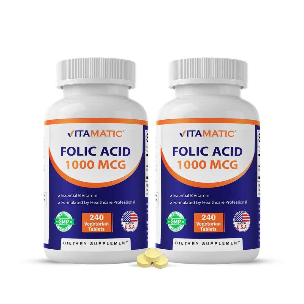 Vitamatic Folic Acid 1000 mcg (1 mg) – 240 Vegetarische Tabletten (Pack mit 2) 1667 mcg DFE – Vitamin B9 für pränatale, Herz- und Zellgesundheit