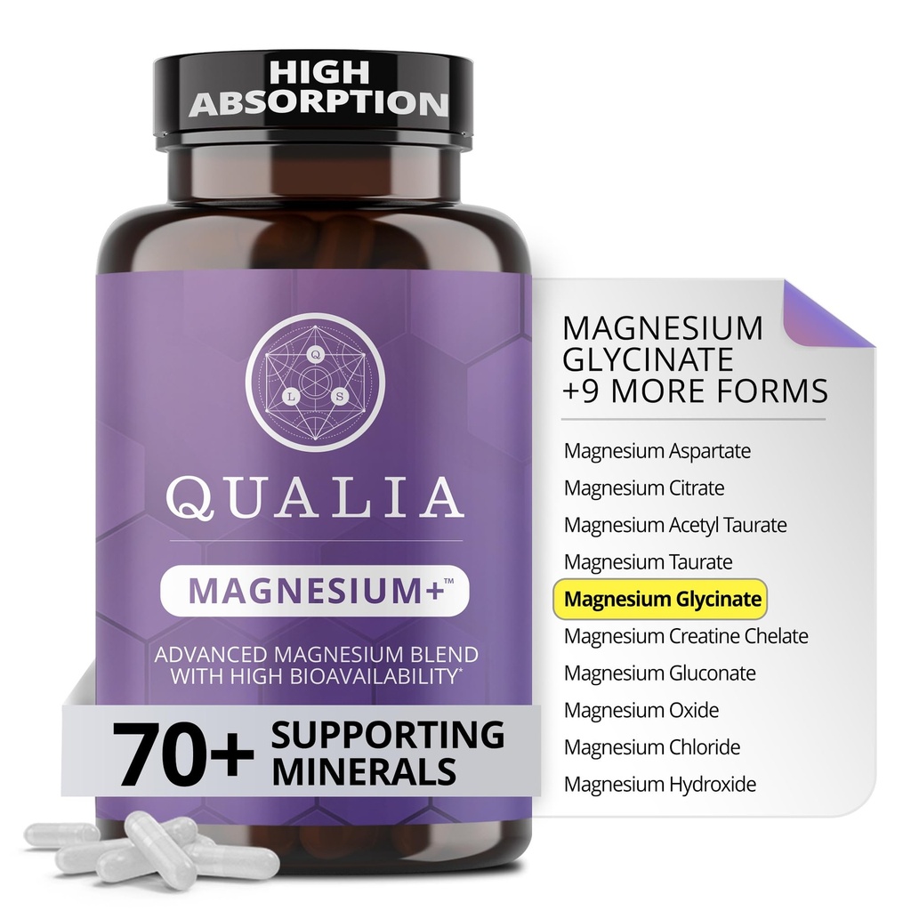 Qualia Magnesium+ | Doctor-Formuliert. Premium Formel | Hohe Bioverfügbarkeit | 10 Formen von Magnesium & 70+ Mineralien | Relaxed Mood, restful Sleep, & Übung Erholung