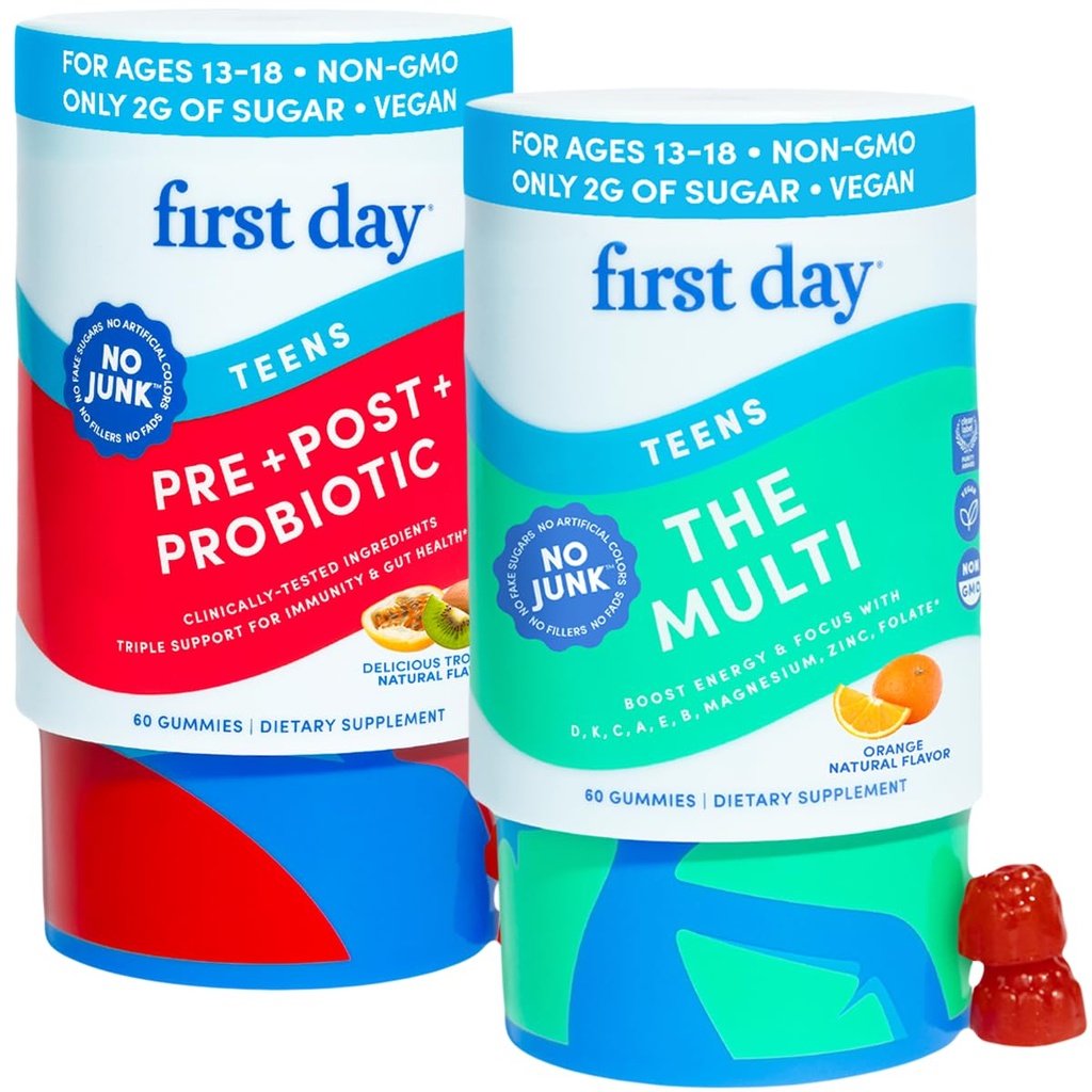 FIRST DAY Teens Tropical Tribiotic Gummies & Orange Multivitamin Gummies | Daily Nutrients, Immunity, & Gut Health | Clean Label Project Verified® | Vegan | 30-Day Supply