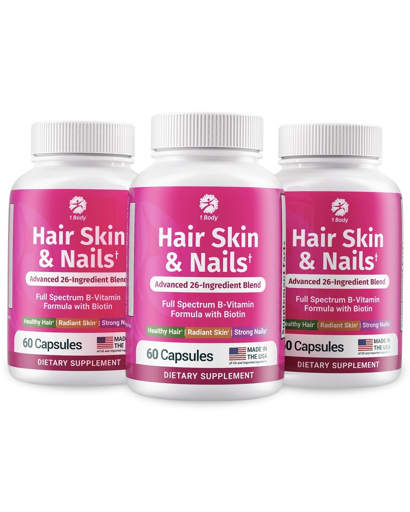 1 Body Hair Skin Nails Vitamin Complex mit Biotin - Komplette Formel mit 26 essentiellen Vitaminen für Männer & Frauen - 3 Pack