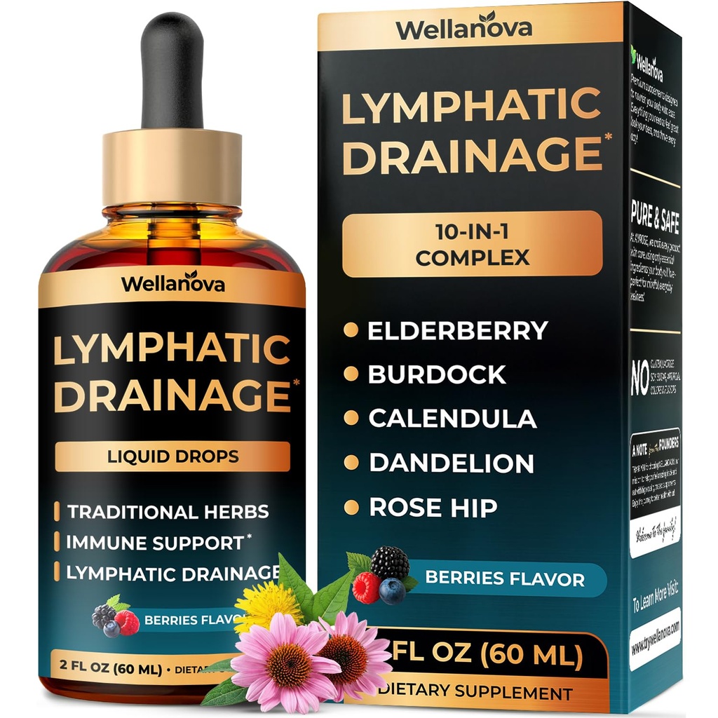 Lymphatic Drainage Drops - Organic Supplement for Lymphatic Support & Detox - 10-in-1 Herbal Blend Cleanse Complex with Burdock, Dandelion, Elderberry - 2 fl oz