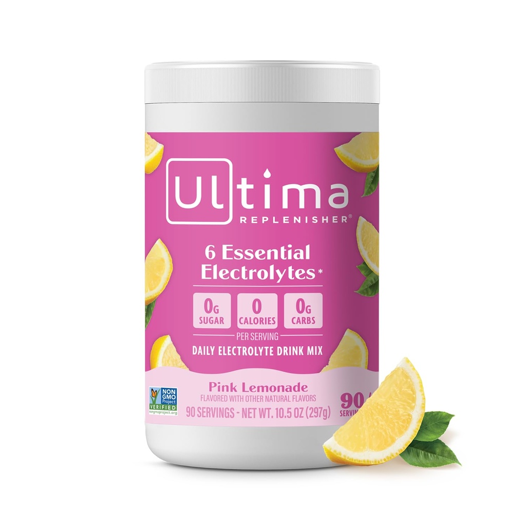 Ultima Replenisher Daily Electrolyte Powder Drink Mix – Sugar Free – Pink Lemonade, 90 Servieren – Hydration Powder mit 6 Key Electrolytes und Trace Minerals – Keto Friendly, Vegan, Non-GMO