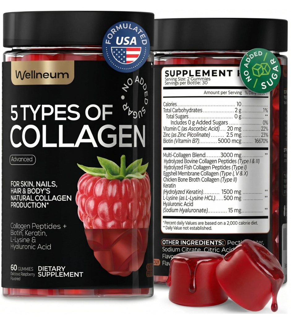 Collagen Peptides Gummies Sugar Free 3000mg Multi Collagen Blend for Hair, Skin & Nails Support + 1500mg Keratin + 3000mcg Biotin, Hyaluronic Acid, Vitamin C & Zinc, 60 Gummies (Packaging May Vary)