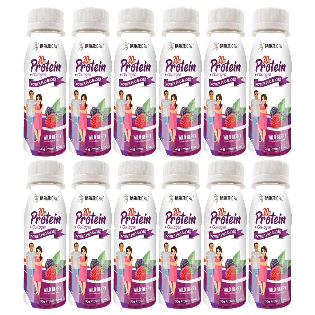BariatricPal 30g Whey Protein & Collagen Power Pro Shots - Wild Berry (12 Bottles)