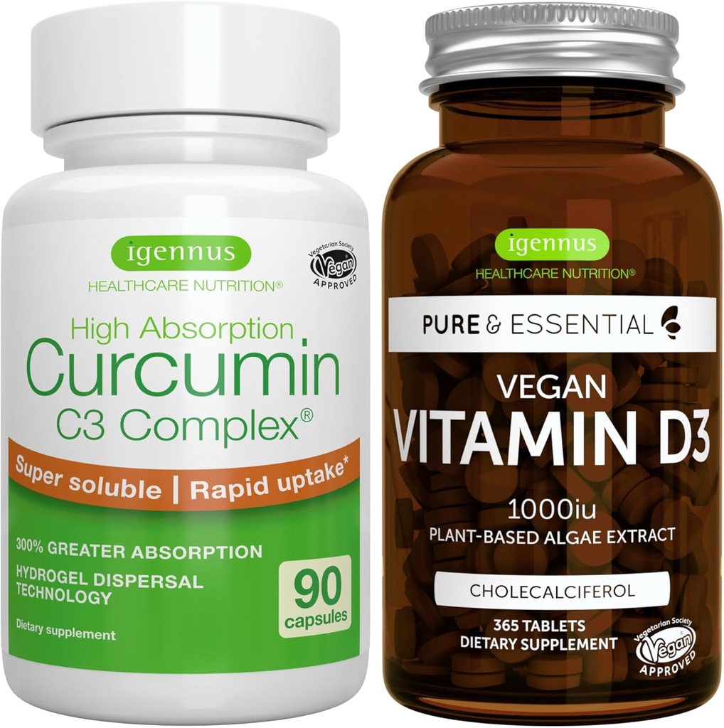 Vegan Vitamin D3 + High Absorption Curcumin C3 Complex, Vegan Bundle, 365 1000iu Vitamin D3 Tabletten + 300% Größere Absorption Curcuminoide mit schneller Aufnahme, von Igennus