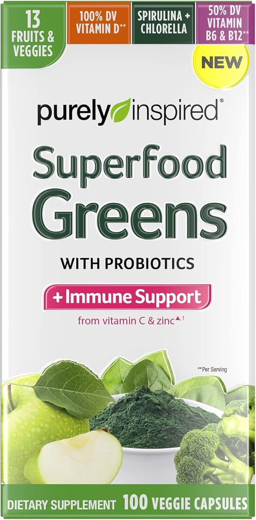 Rein inspirierte Greens Superfood Kapseln Superfood Greens Kapseln Vitamin C & Zink für Immununterstützung + Vitamin D 13 Früchte & Gemüse 100 Veggie Kapseln
