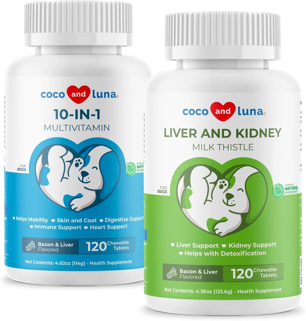 Milchdistel + 10 in 1 Multivitamin für Hunde - Leberunterstützung, Haut- und Mantelgesundheit, Verdauungsgesundheit, Hüft- und Gelenkunterstützung und Herzgesundheit.