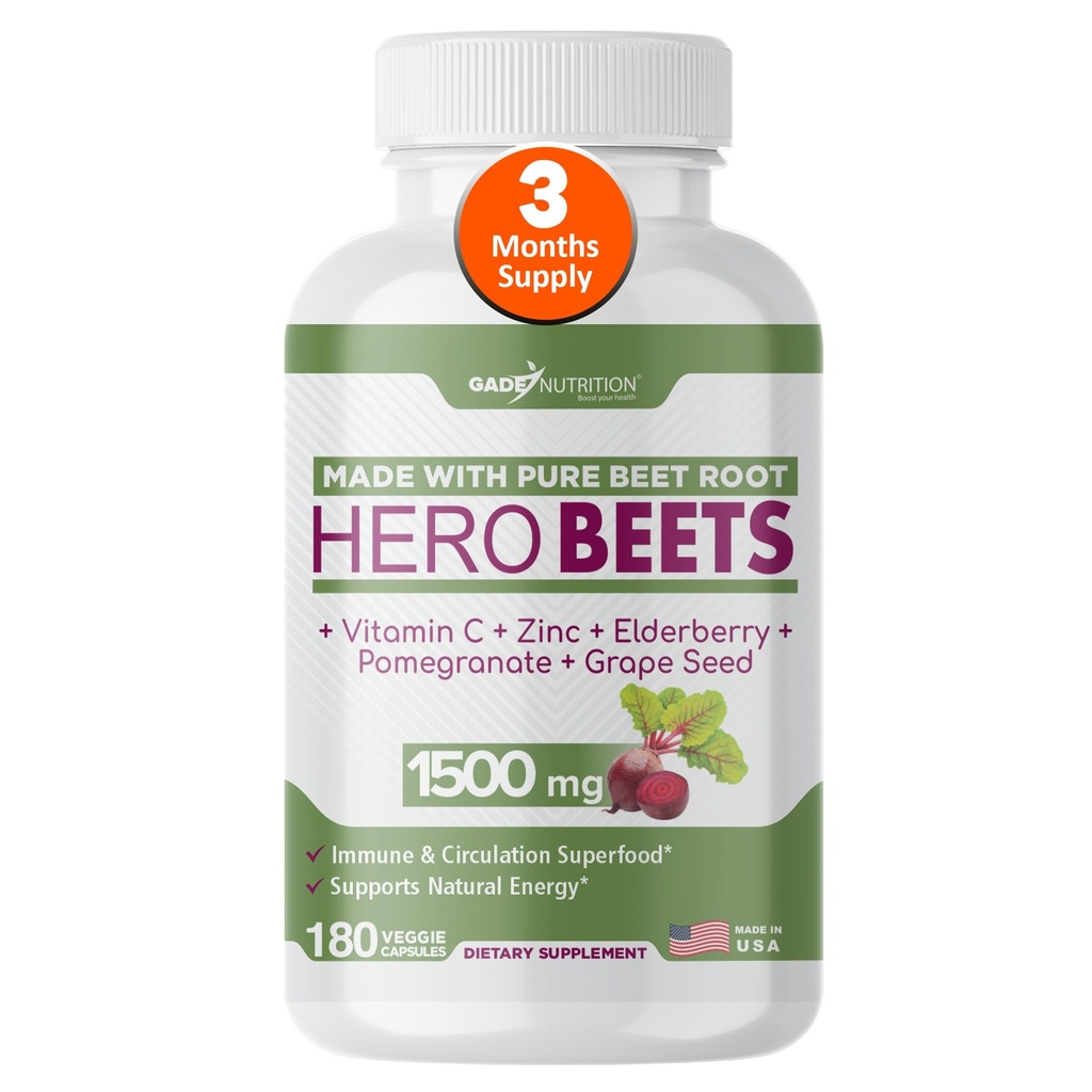 Gade Nutrition Hero Beets - Beet Root Capsules 1500mg - Organic Beet Root Powder + Vitamin C Zink, Elderberry, Granatapfel, Getreide Seed Extract - 3 Monate Versorgung