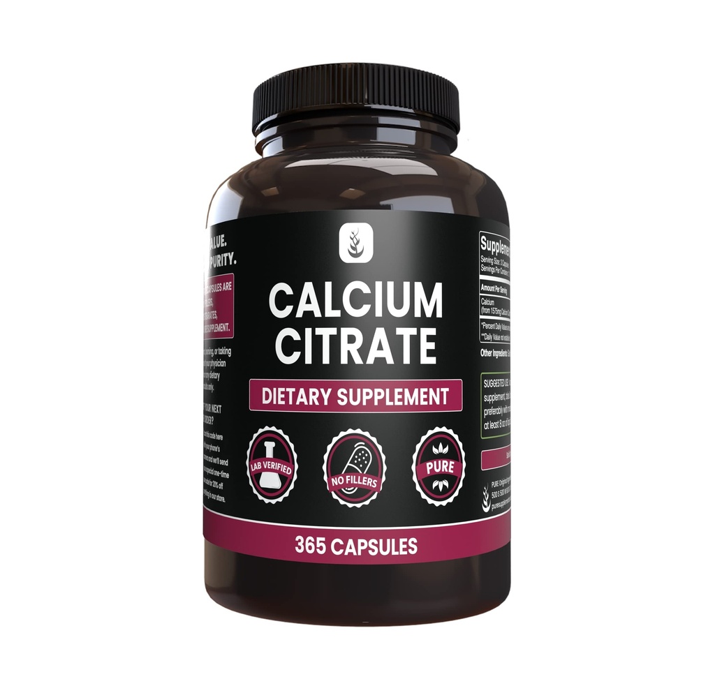 Reine Original Zutaten Calcium Citrat (365 Kapseln), keine Magnesium- oder Reisfüller, Immer rein, Lab Verifiziert