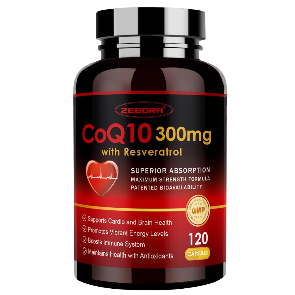 ZEBORA CoQ10-300mg mit Trans-Resveratrol, PQQ & Vitamin E - Hohe Absorption Coenzym-Q10 mit BioPerine - Leistungsstarkes Antioxidans für Herz- und Energieerzeugung,120 Veggie Kapseln