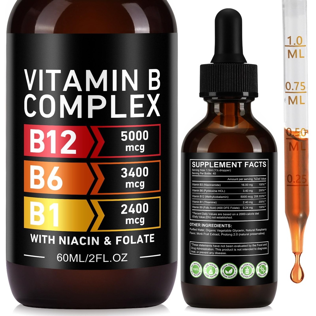 Organic Vitamin B Complex Drops for Men & Women | Vitamin B12 Methylcobalamin, B6, B1, B9 for Metabolic Health Support | Immune Support, Non-GMO, Gluten Free - 2 Month Supply 60ML
