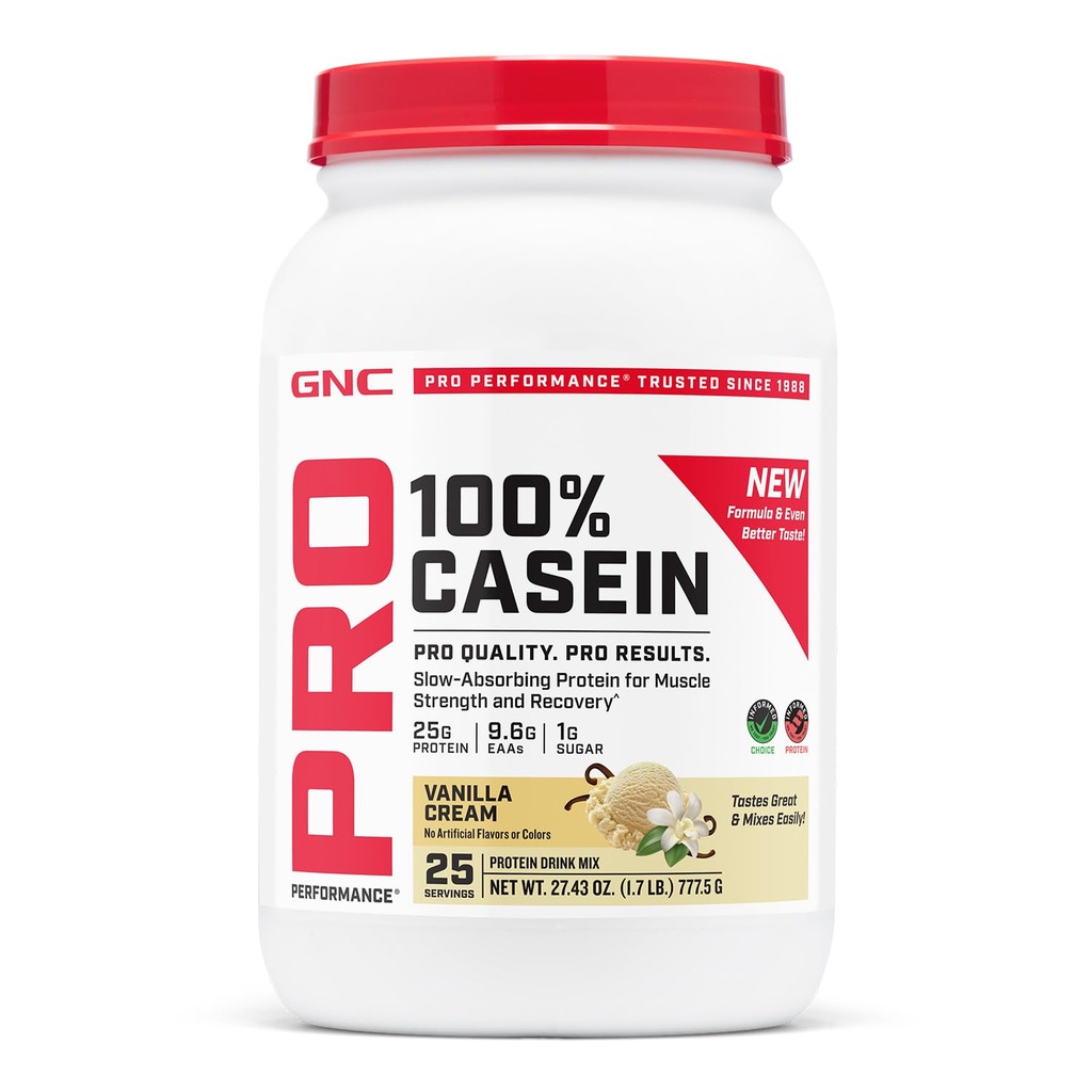 GNC Pro Performance 100% Casein Protein Powder, 25g Protein, Supports Sustained Muscle Strength, Recovery, Slow Digesting, Gluten Free, 3rd Party Tested, Vanilla Cream, 28 Servings
