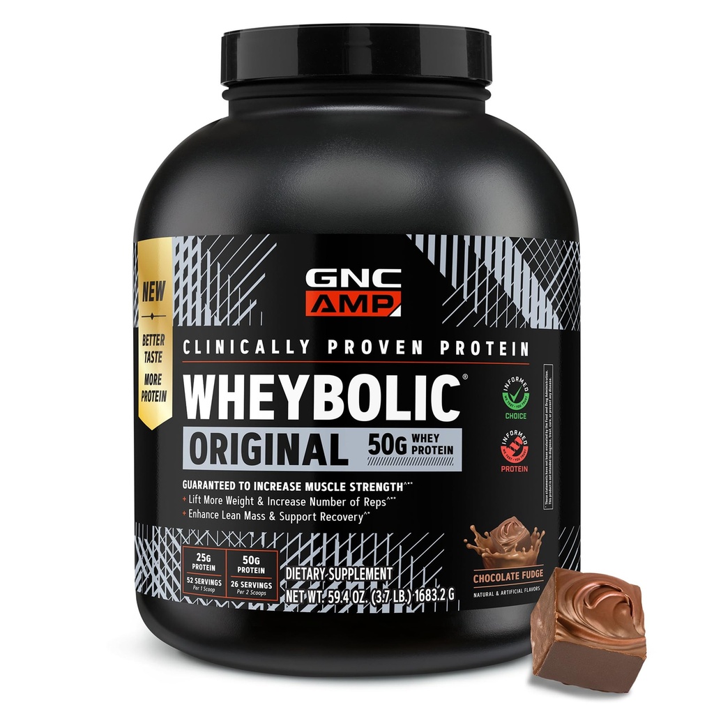 GNC AMP New Wheybolic- Clinically Studied Whey Protein Powder for Workouts & Active Lifestyles- High Leucine Content- Smooth Mixing Drink Mix for Fitness Shakes- Chocolate Fudge- 59.4 Oz (26 Servings)