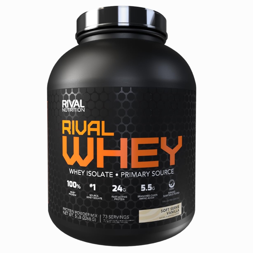 RIVAL NUTRITION Rival Whey Protein Powder I 100% of Protein from Whey I Isolate Primary Source I 24g Protein, 5.5g BCAAs Per Scoop I Recovery, Active Lifestyles (5lb, Soft Serve Vanilla)