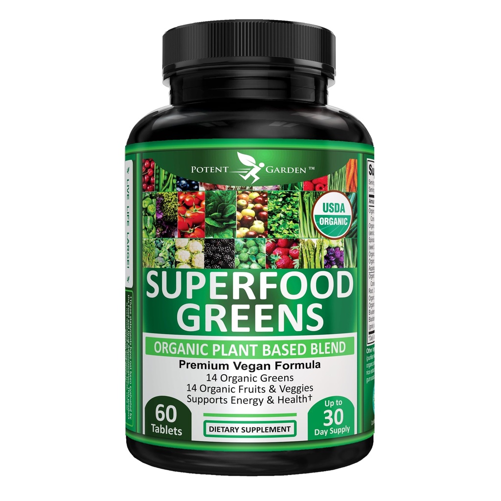 Potent Garden Organic Superfood Greens, Obst und Gemüse ergänzen reich an Vitaminen & Antioxidantien mit Alfalfa, Rübenwurzel & Tart Kirsche zu erhöhen Energie, Immunität & Gut Gesundheit, Grün Tabletten 60 Ct