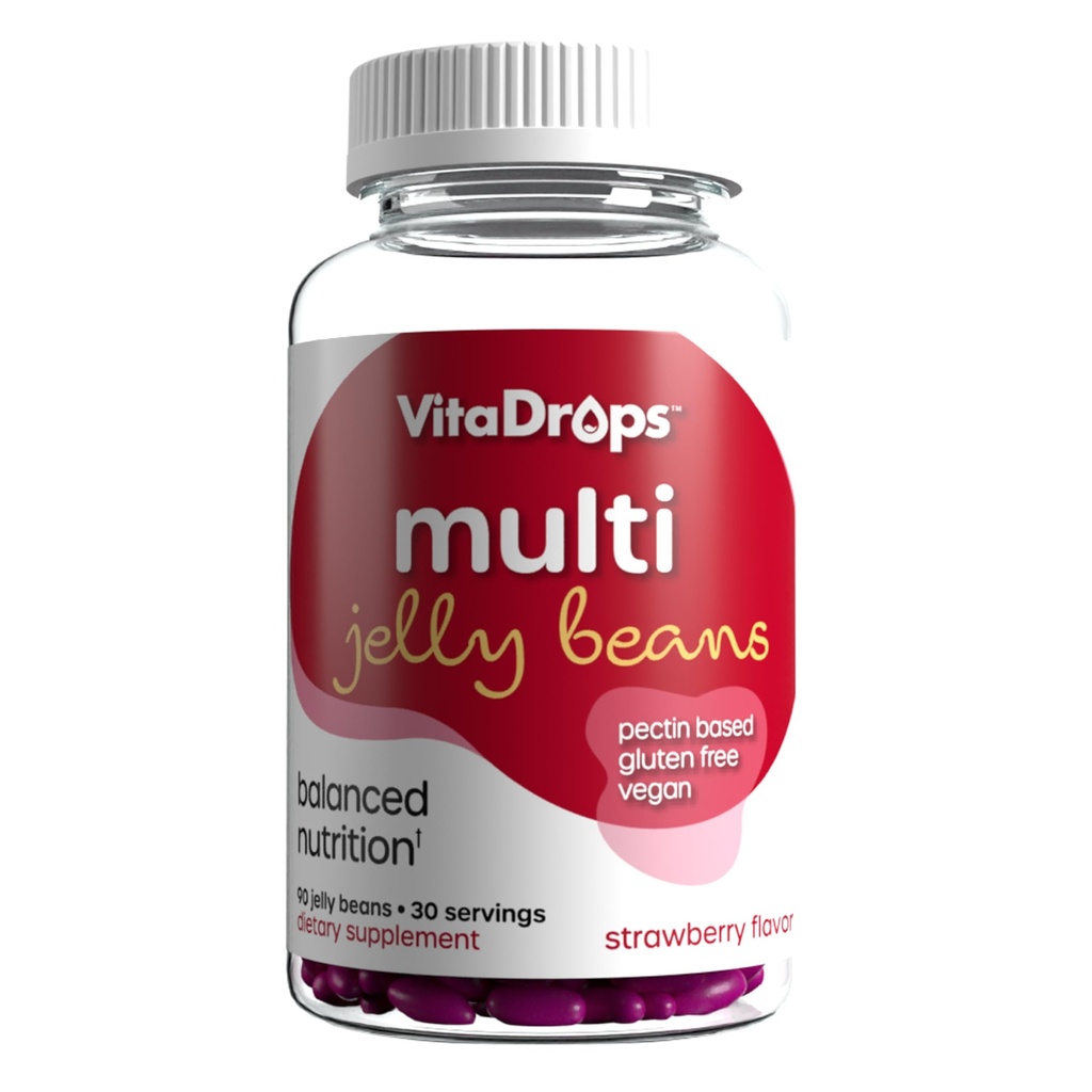 Multivitamin Jelly Beans, Women & Men, Source of Vitamin A C D E B-3 B-6 & Biotin, Supports Immune System, Pectin Based, Vegan & Gluten Free, Strawberry Flavor, 90 Jelly Beans, 30 Servings