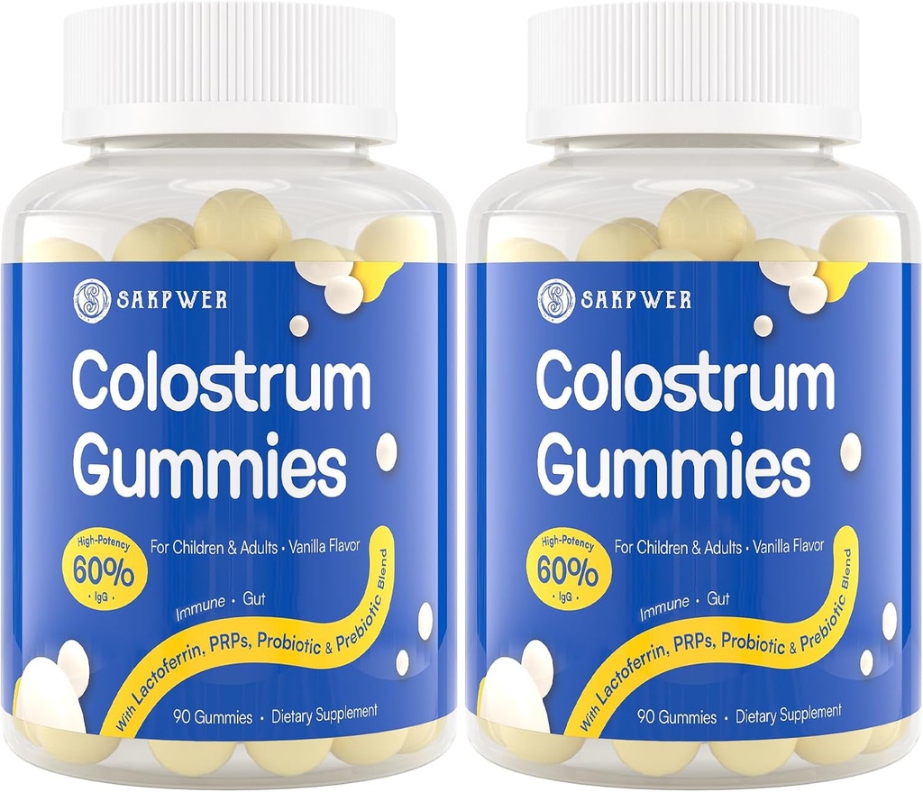 Bovine Colostrum Supplement Gummis - mit 60% Höchste IgG, Lactoferrin, Probiotika und Präbiotika für Erwachsene und Kinder, Vanilla Flavor & Sugar Free, 2 Pack