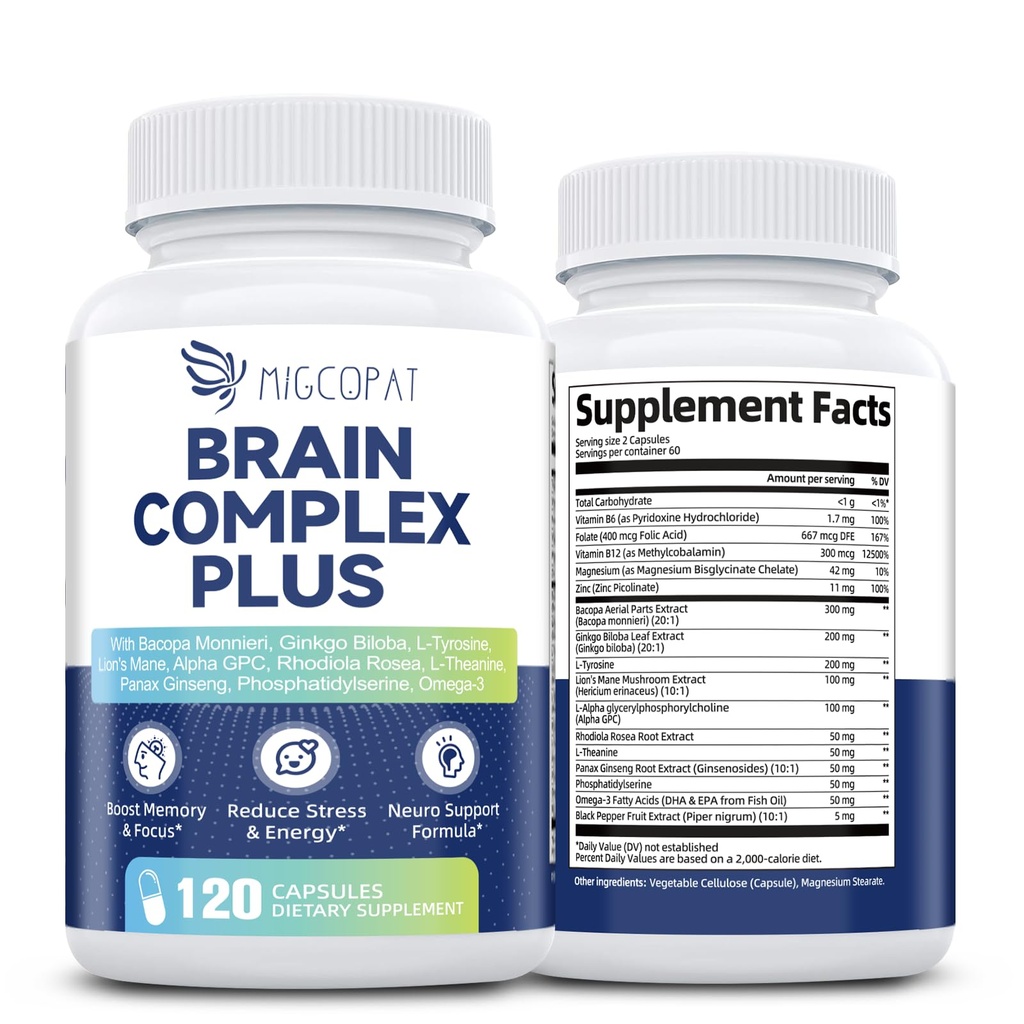 Brain Supplements für Gedächtnis und Fokus | Nootropic mit Bacopa Monnieri, Lion's Mane, Alpha GPC, Ginkgo Biloba | Mental Clarity & Cognitive Support | Vitamin B6 & B12 Neuro Health - Non-GMO, 120 Caps