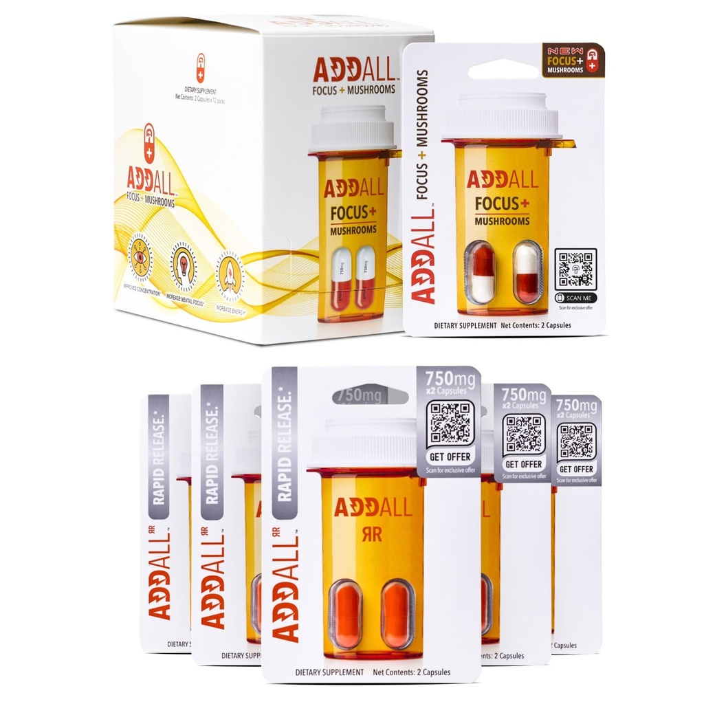 Addall Focus + Mushrooms Memory (12 Pack) and Rapid Release (5 Pack) #1 Effective Alternative Brain Supplement Substitute Pills Nootropic & Energy | No Crash | Science Backed Formula | USA Made