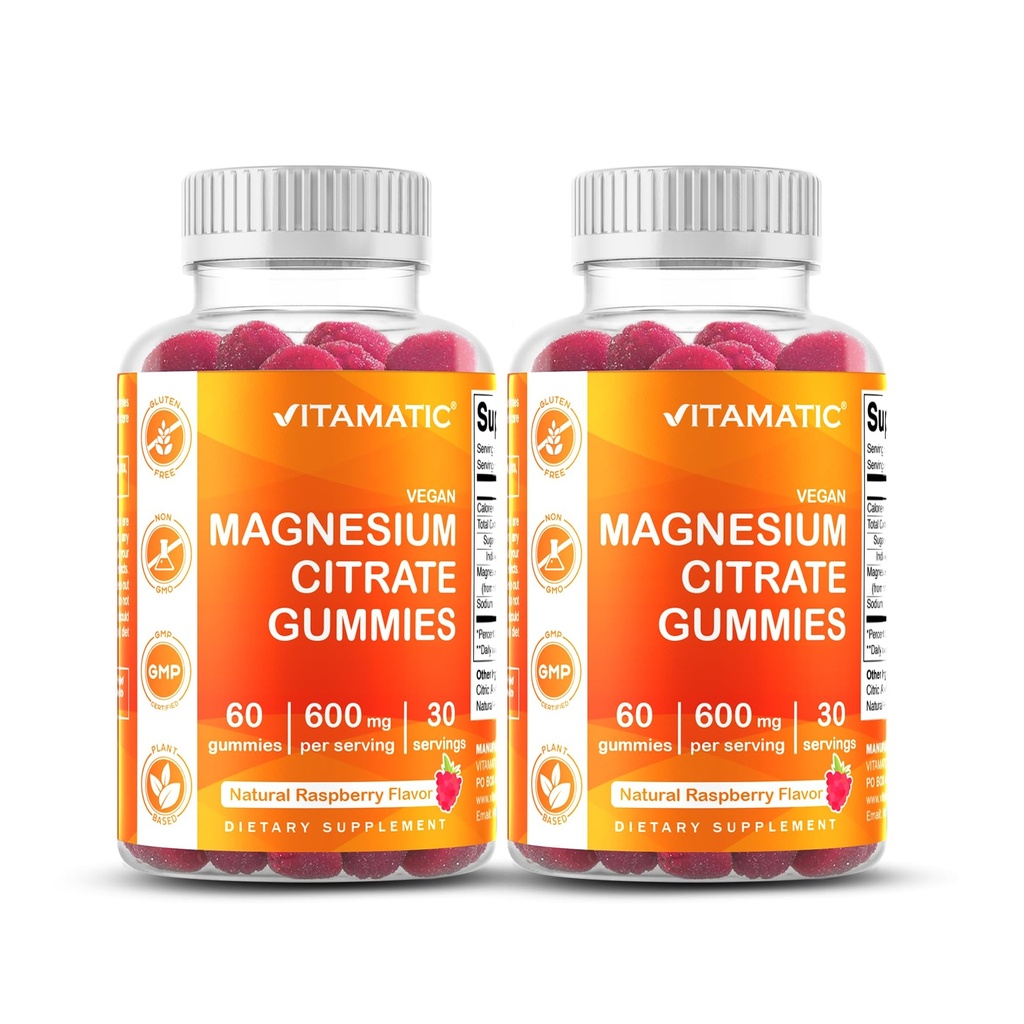 Vitamatic Magnesium Citrate Gummies 600mg pro Servierung - 60 Count - fördert gesunde Entspannung, Muskel, Knochen, & Energieunterstützung (Pack von 2)