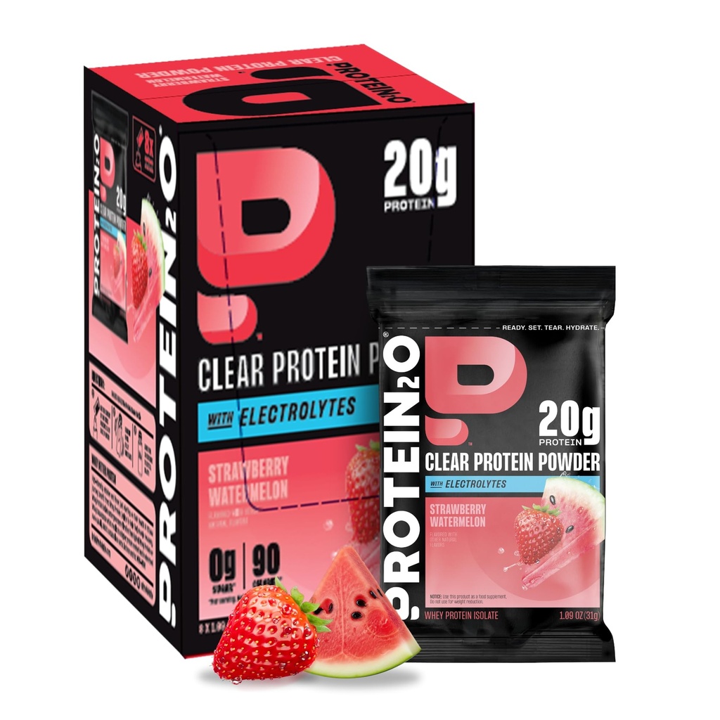 Protein2o 20g Molkenprotein isolieren klares Proteinpulver, 360mg Elektrolyte, Vitamine B5 & B6, zuckerfrei, Erdbeerwassermelone, 8-Pack