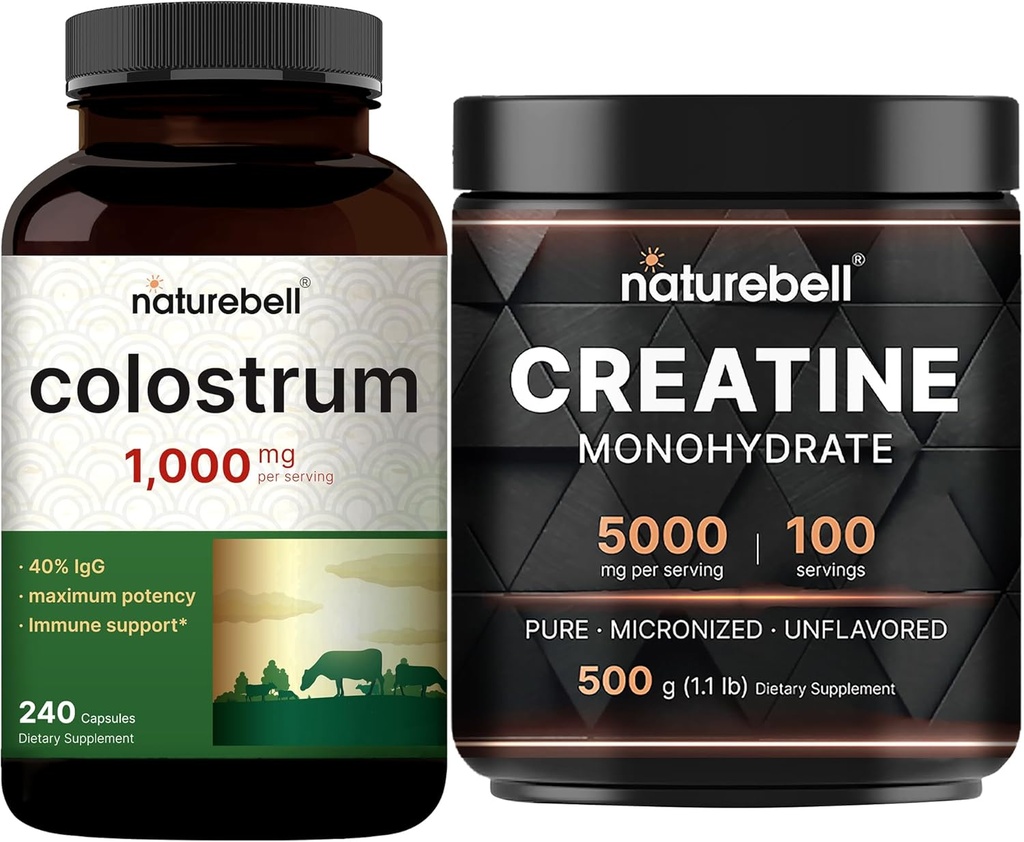 NatureBell Creatine Monohydrat Pulver & Colostrum 240 Kapseln 1000mg pro Servieren Bundle Pack | Hohe Absorption Micronized Creatine | Mutter erste Milch aus Gras Fed Bovine