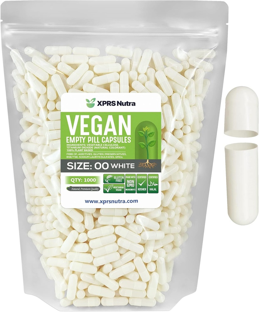 XPRS Nutra Größe 00 Leere Kapseln - 1000 Graf Leere Vegan Kapseln - Vegetarische Pillen - DIY Gemüse Kapsel Füllung- Veggie Pillen Kapseln für Do-It-Yourself Ergänzungen (Weiß)