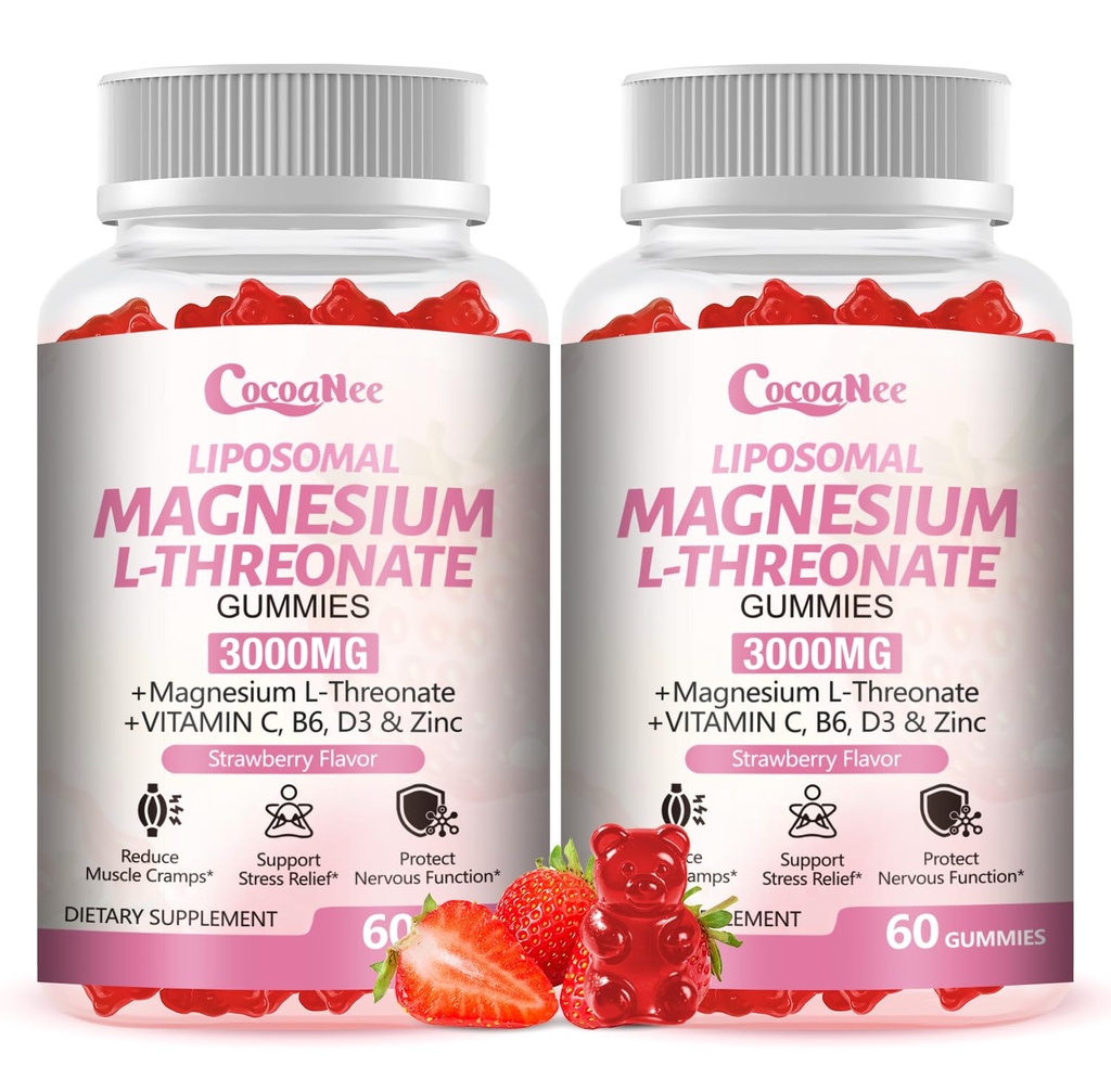 3000mg Liposomal Magnesium Threonate Gummies, Magnesium Glycinate Supplements, Liposomal Enhance 98% Absorption, Muscle Relaxation, Calm Mood Support & Energy Support for Adults, Strawberry Flavor