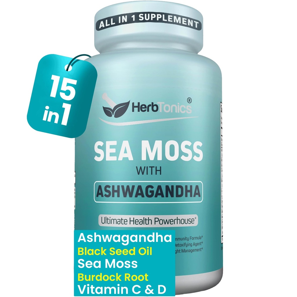Herbtonics Sea Moss, Black Seed Oil, Ashwagandha, Burdock Root & ACV Complex | Boost Immunity, Reduce Stress, Support Digestion | All-in-One SeaMoss Capsules | 60 Kapseln