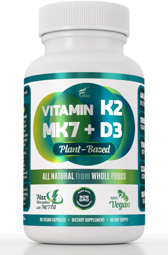 Vegan Vitamin K2+D3 | 440 mcg All-Trans MK-7 440mcg von Erbsen + 1000IU Vitamin D3 von Chlorella + MCT Kokosöl für max Absorption | 90 Kapseln, 100% Vegan, Non-GMO