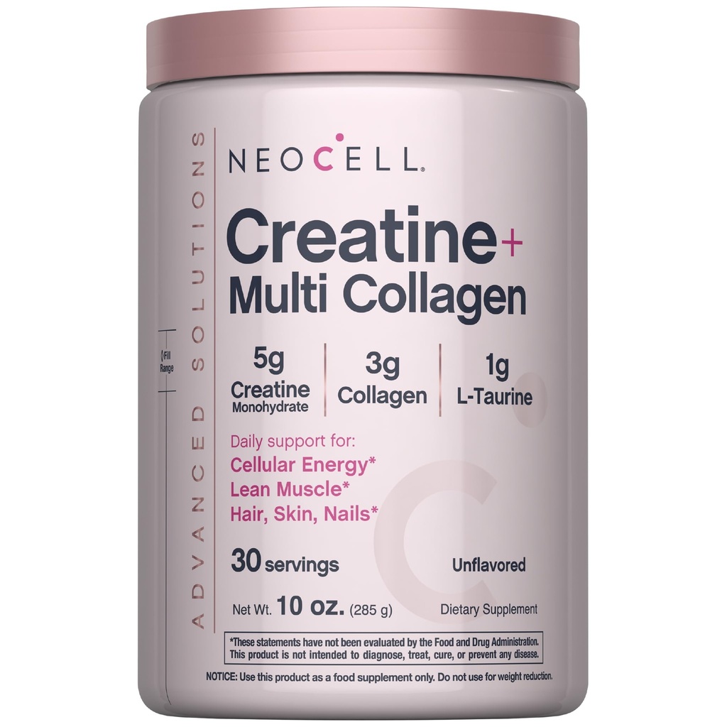 NeoCell Creatine Monohydrate Powder | 10 oz | with Multi Collagen Peptides | Hair, Skin & Nails Supplement | Unflavored | for Women and Men