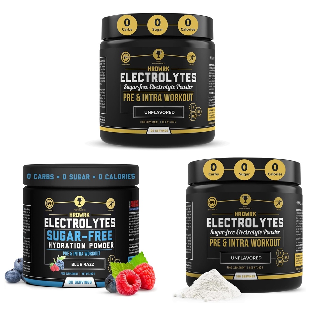 HRDWRK - 100 Servierungen Keto Elektrolyte Pulver Hydration Sugar Free - Elektrolyt-Pulver zur Steigerung der Endurance & Reduzieren Fatigue mit Elektrolyt-Ergänzung (Unflavored Set von 2 & Blue Razz)