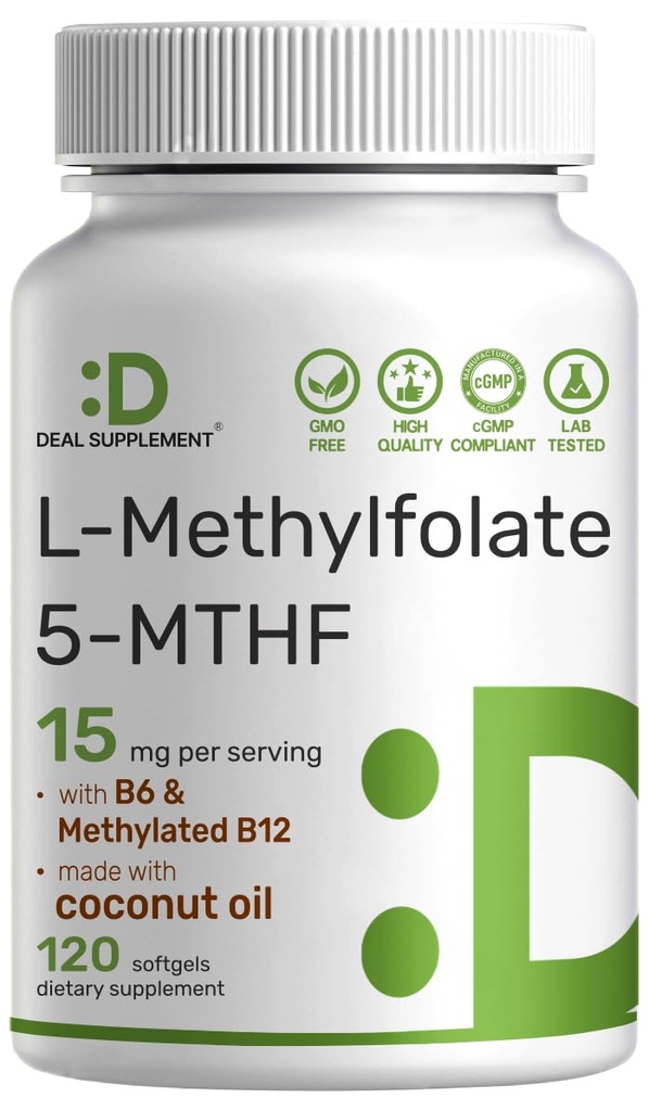 DEAL SUPPLEMENT L-Methylfolat 15 mg pro Portion, 120 Coconut Oil Softgels | 3-in-1 mit Active 5-MTHF Methylated Vitamin B9, B6 & Methylated B12 | Active Folate Supplement | Non-GMO, Glutenfrei