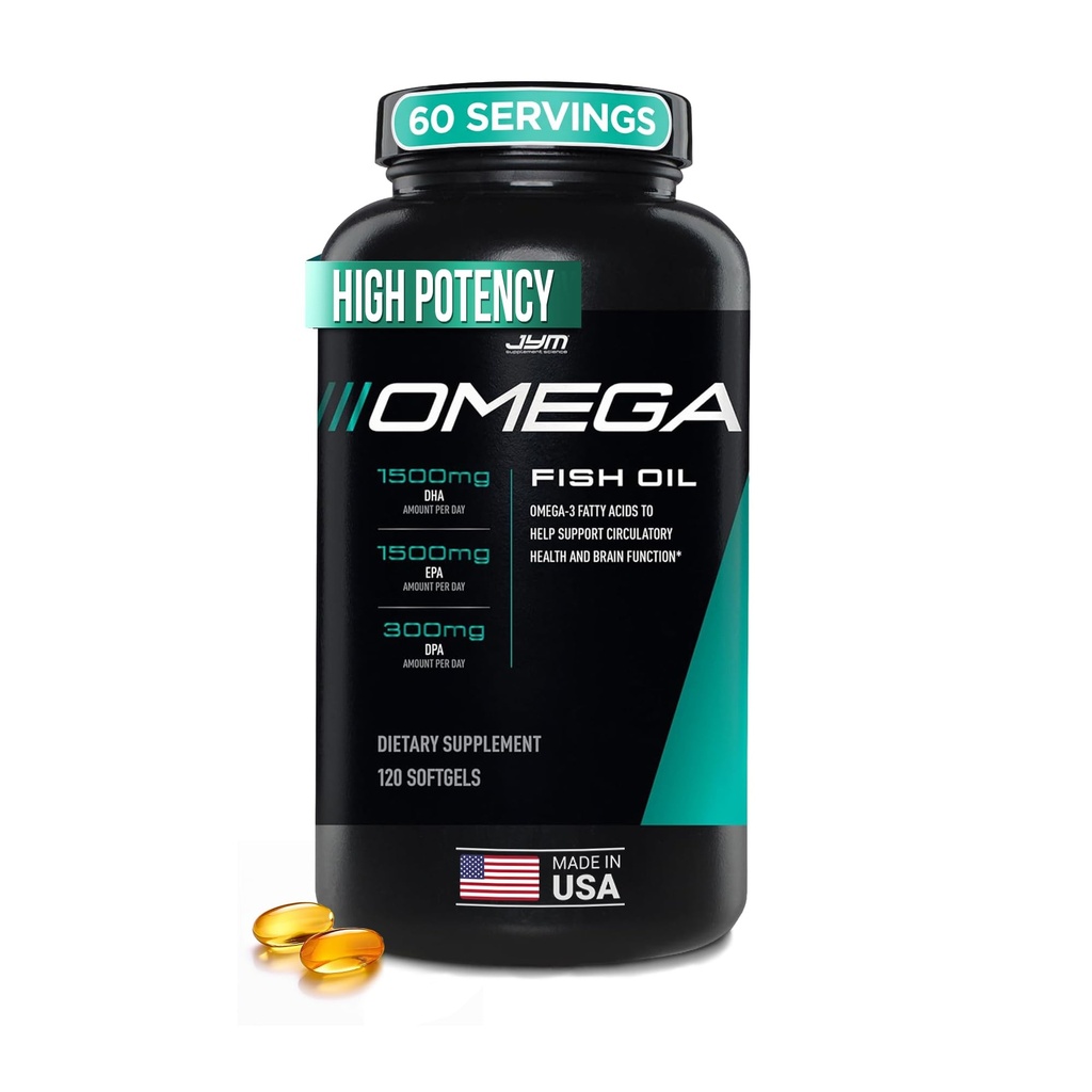 JYM Supplement Science Omega JYM Fish Oil 2800mg, High Potency Omega 3, EPA, DHA, DPA for Brain, Heart, & Joint Support 120 Soft Gels