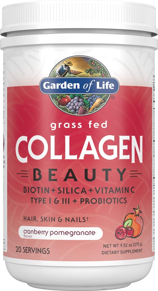 Garden of Life Grass Fed Collagen Beauty - Cranberry Pomegranate, 20 Servings, Powder for Women Men Hair Skin Nails, Hydrolyzed Collagen Peptides Protein Powder Supplement