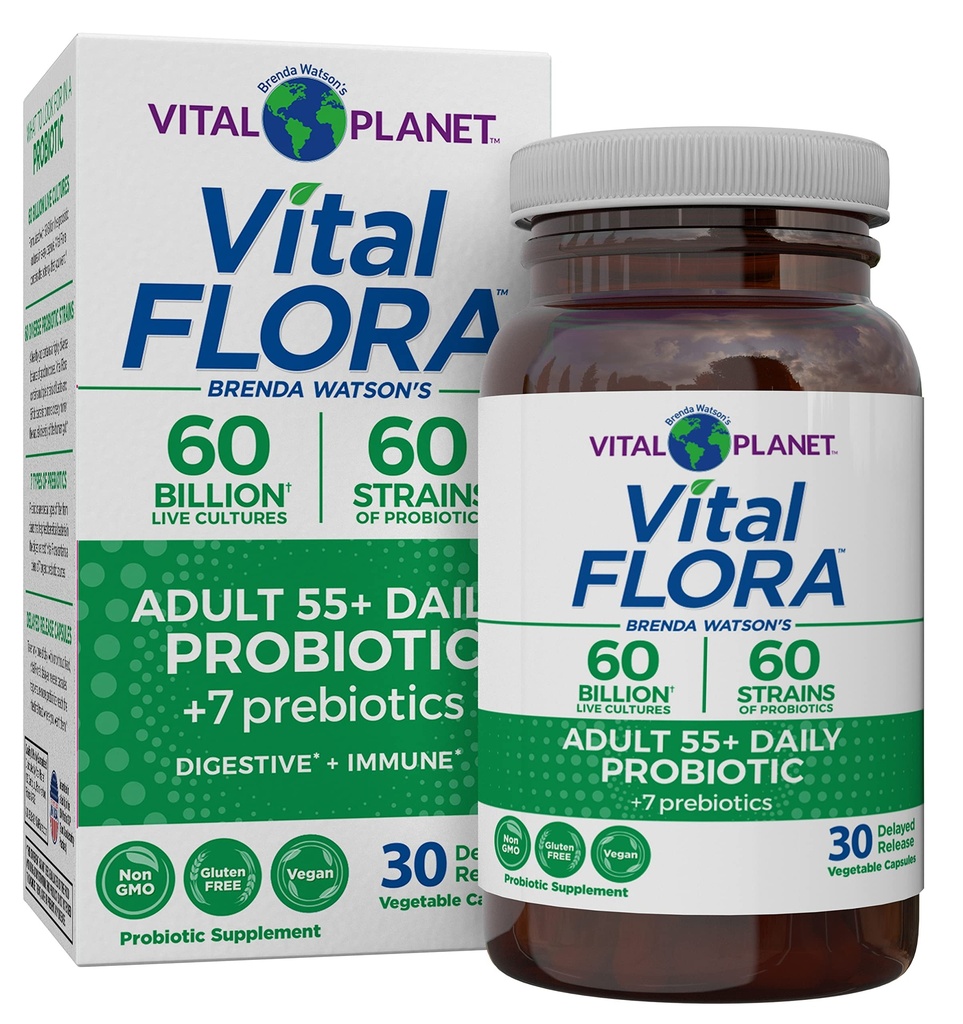 Vital Planet - Vital Flora Erwachsene über 50 Probiotic 60 Billion CFU, 60 Diverse Strains, 7 Bio-Präbiotika, Immununterstützung, Gas, Digestive Health Probiotics für Frauen und Männer, 30 Kapseln
