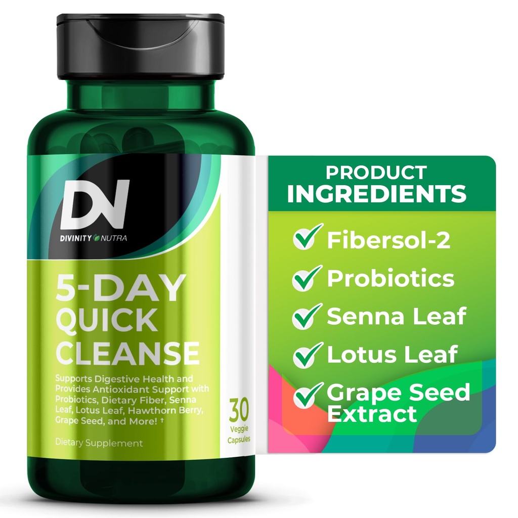 5 Day Colon Cleanse, Dietary Fiber & Probiotics, Gut Digestive Support, Fast Detox for Women & Men with Senna Leaf, Fibersol-2, Hawthorn Berry, Inulin, 1 billion CFU Probiotics, 30 Capsules