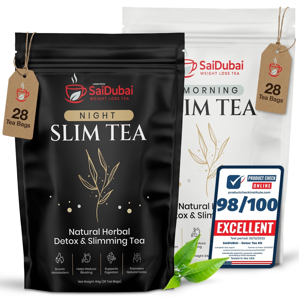 Premium Detox Tea Kit Herbal Slim Tea Duo 28 Morning Vitality Bags & 28 Night Calm Bags Certified Herbal Blend with REACH MSDS & Heavy Metal Tests Safe Caffeine Free Supports Active Lifestyle