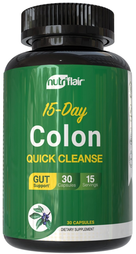 NutriFlair Colon Cleanse – 15 Day Advanced Gut Detox with Cascara Sagrada, Senna Leaf, Psyllium Husk & Probiotics – 30 Capsules, Non‑GMO, GMP‑Certified