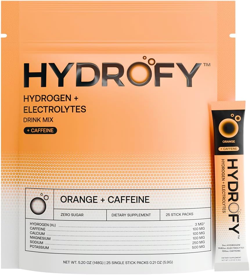 Hydrofy Hydrogen Wasser + Elektrolyte Trinkmischung | H2 Hydration Packets mit molekularem Wasserstoff, Natrium, Kalium, Magnesium, Calcium und Mineralien | Kein Zucker | Orange + Koffein 25 ct