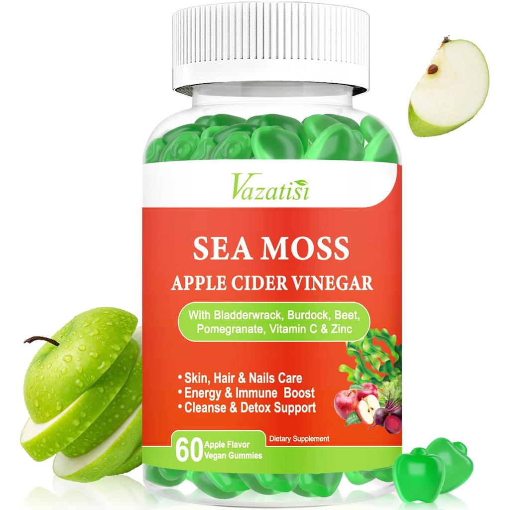 Apple Cider Vinegar Gummies with Sea Moss for Metabolism, Digestion, Detox, Gut & Immune Health, Apple Flavored - 60 Count