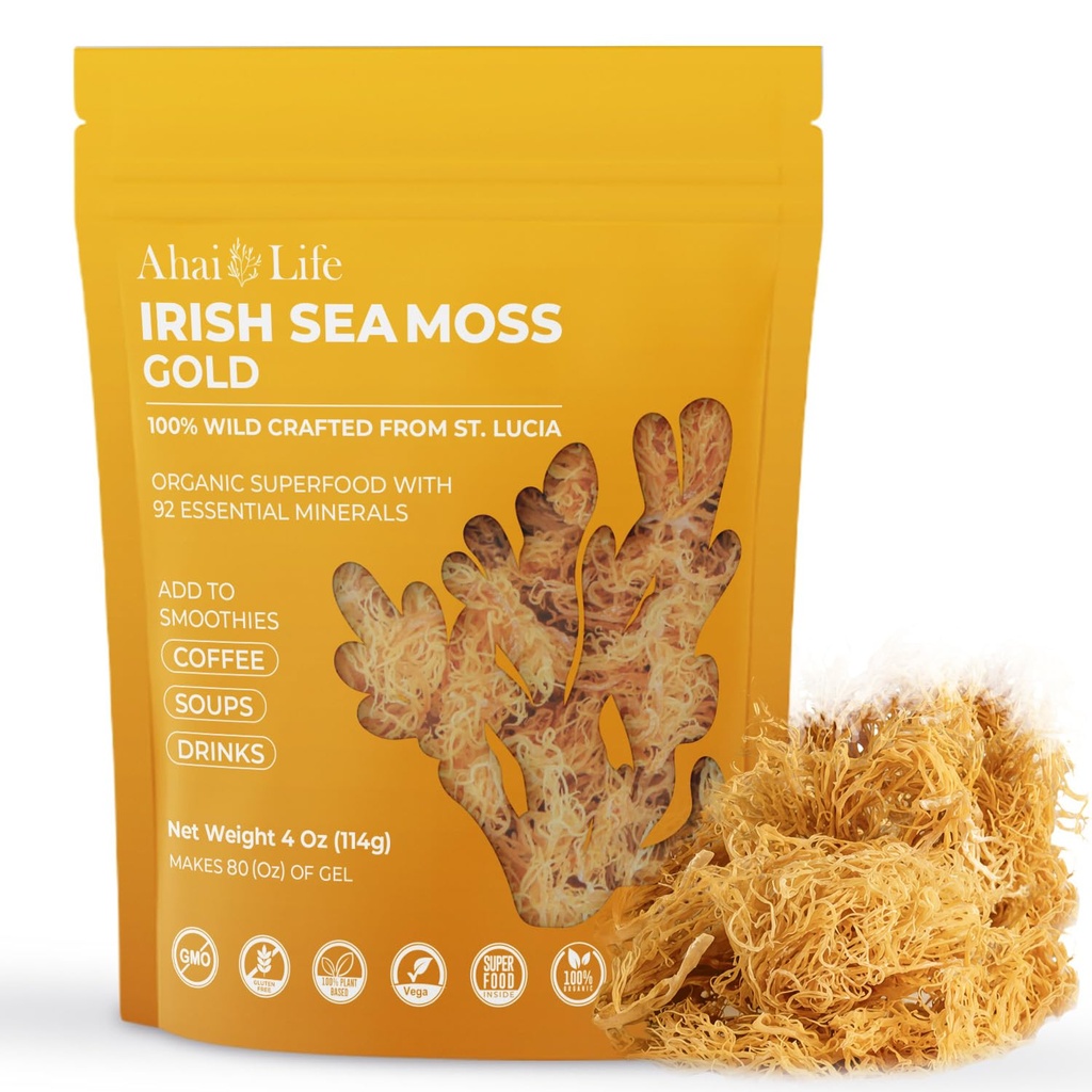 Gold Sea Moss Raw Organic | Makes 80oz of Gel | 100% Wildcrafted St. Lucia | Non-GMO Sun-Dried Irish Sea Moss | 92 Vitamins & Minerals | Vegan Superfood for Immunity, Digestion & Energy (4oz)