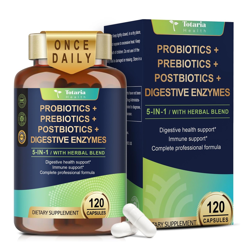 Totaria 5-in-1 60 Milliarden CFU Probiotisches Präbiotikum & Postbiotikum für Frauen & Männer, w / Verdauungsenzyme, Slippery Elm, tägliche vollständige Darmgesundheit, Verdauungs- & Immununterstützung, 4 Monate Versorgung, Vegan
