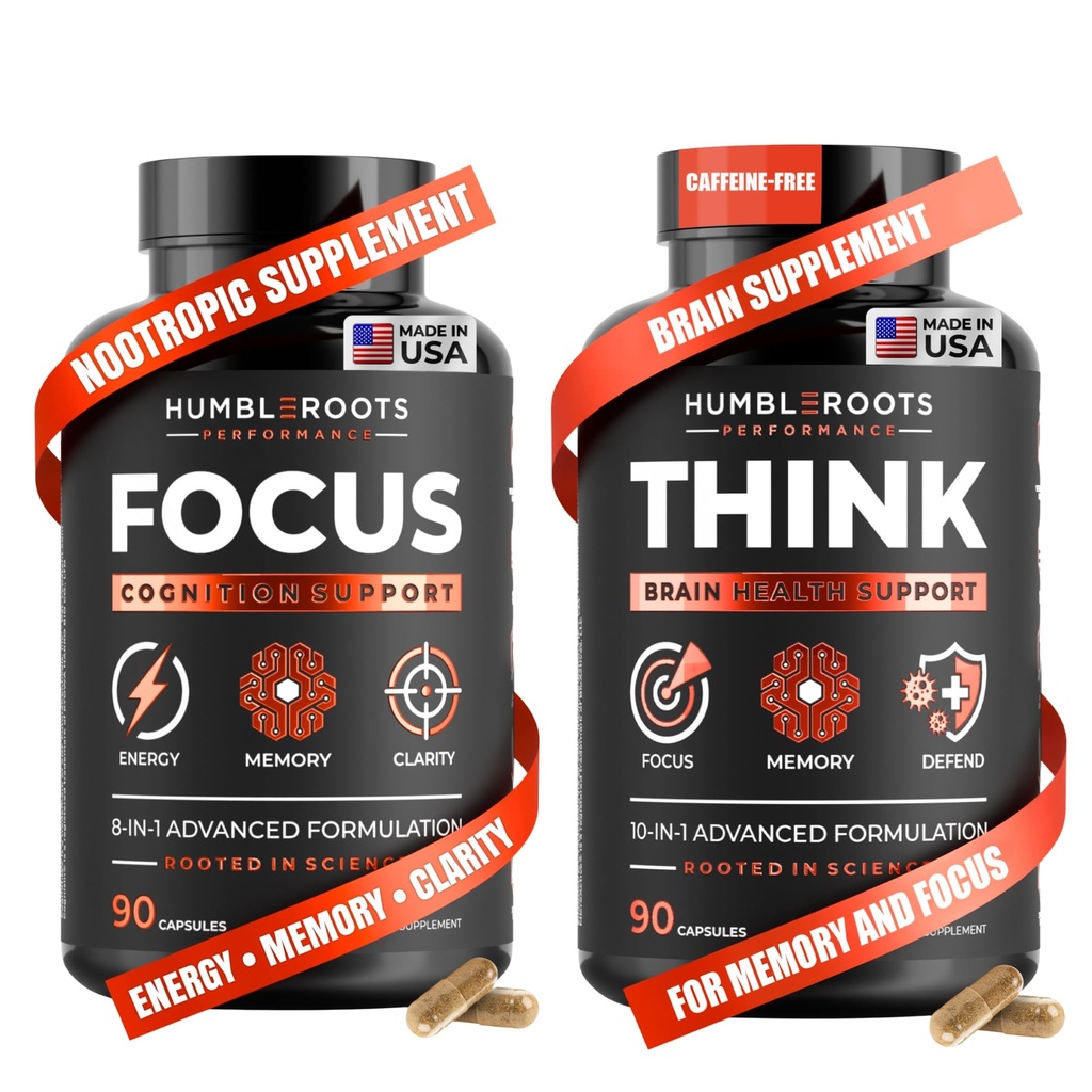 FOCUS + THINK Nootropic Brain Supplement Bundle - Energy, Memory & Focus Support - Caffeine + Caffeine-Free Cognitive Stack with Lion's Mane, Bacopa, Citicoline & L-Theanine - 2 Bottles (90 + 90 Capsu