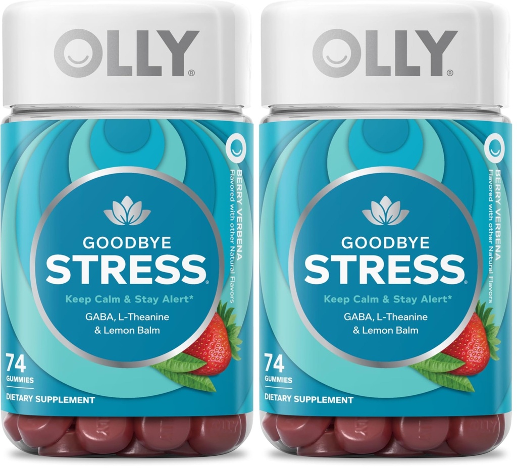 OLLY Goodbye Stress Gummy,GABA,L-Theanine,Lemon Balm,Stress Relief Supplement,Berry -,74 Count (Pack of 2)