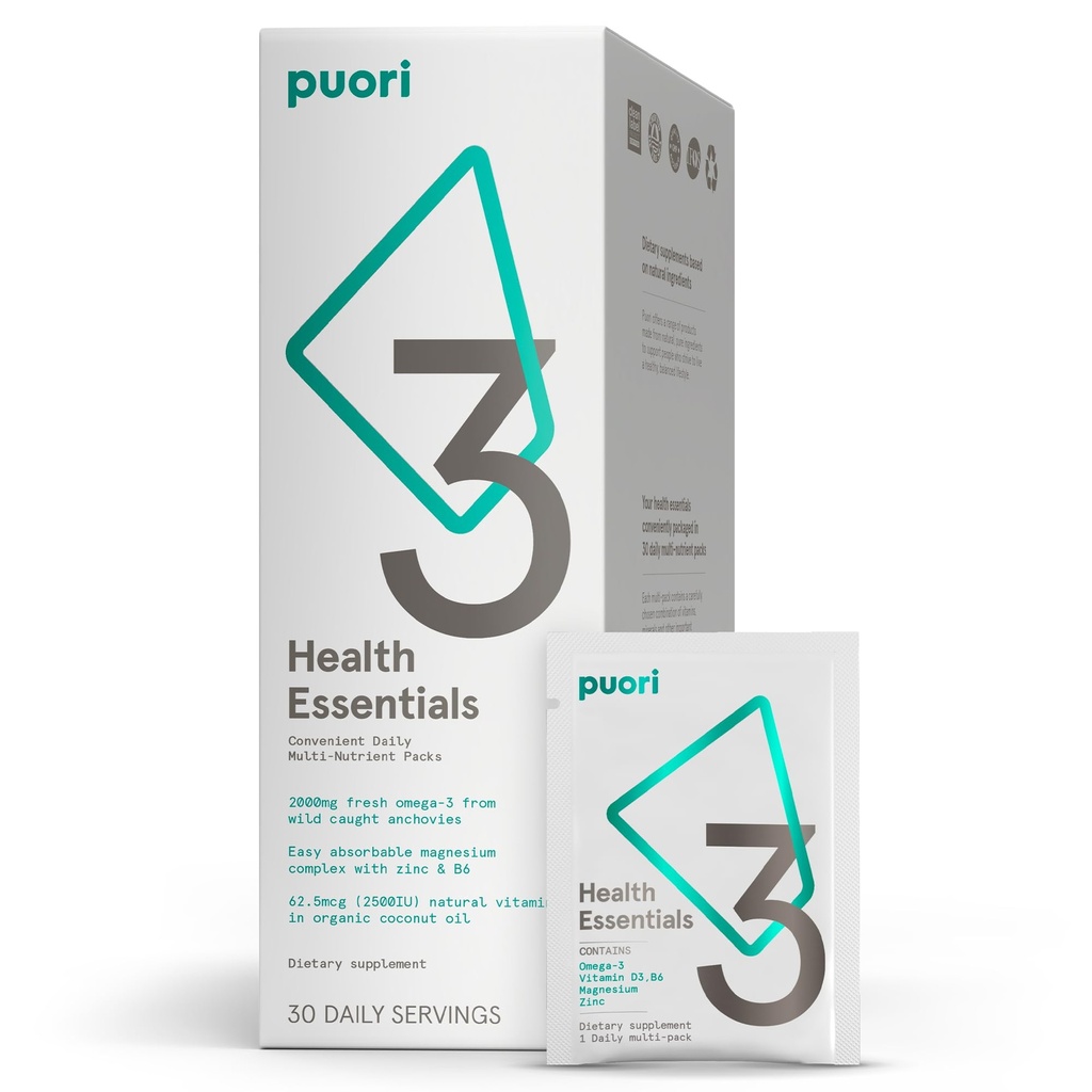 Puori P3 Health Essentials - Multivitamine für Männer und Frauen - 30 Portionen - Omega 3, Vitamin D, Magnesium, Zink - Multi-Nutrient für Gehirne und Energie
