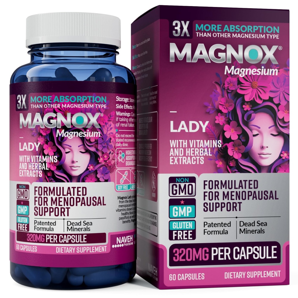 MAGNOX Lady Magnesium Supplement | Menopause und PMS Unterstützung Ergänzung für Frauen | Magnesium Complex mit Vitaminen B6, B1, B12, D, Zink | High-Absorption Dead Sea Organic Magnesium | 60 Kapseln