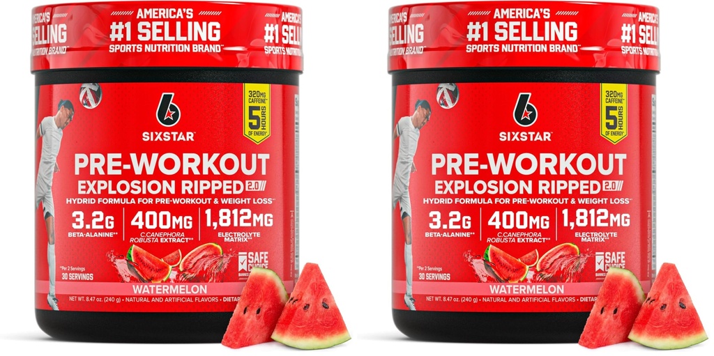 Six Star Pre-Workout Explosion,Watermelon (30 Servierungen)-Preworkout Energy Powder Supplement for Men&Women-Pre Workout Drink Mix mit Kreatin&Beta Alanine-Sports Nutrition Products,(Pack von 2)