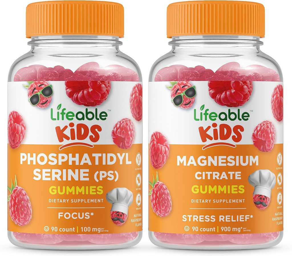 Lebensfähiges Phosphatidylserin (PS) Kinder + Magnesium Kinder, Gummi Bundle - Große Verkostung, Vitaminergänzung, Glutenfrei, GVOfrei, Kaugummi